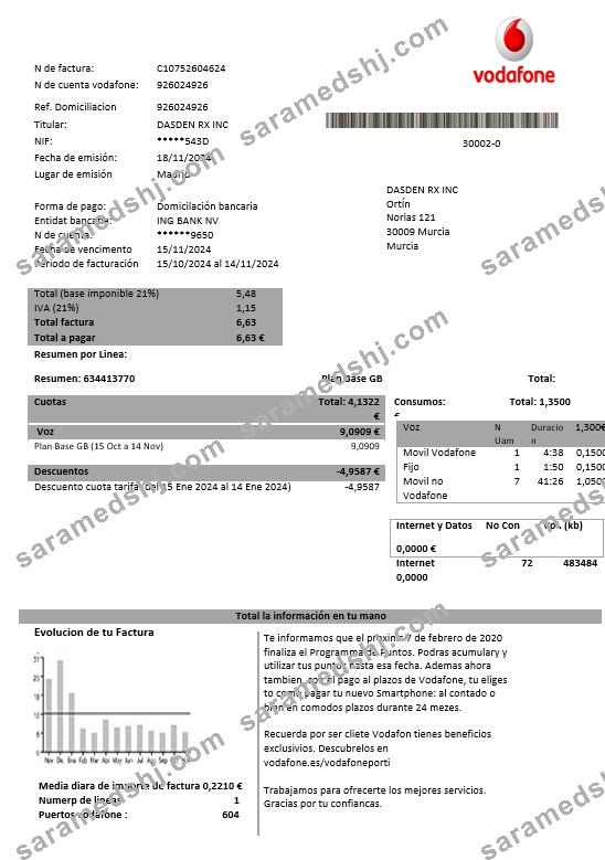 Spain Vodafone telecommunications business utility bill template in Word and PDF formats